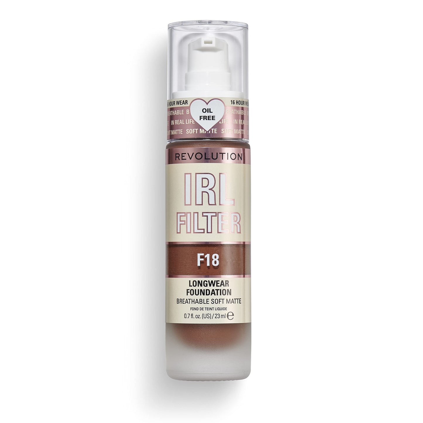 Revolution Beauty, Irl Filter Longwear Foundation, Soft & Breathable Formula, Medium To Full Coverage, Matte Finish, F18, 0.7 Fl