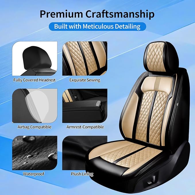 Fit Civic Car Seat Covers for Honda Civic 2020-2026 Sedan(Not for Coupe) - Premium Full Coverage Leather, Waterproof All Weather Breathable Seat Cushion Protector, Front Pair Black+Beige