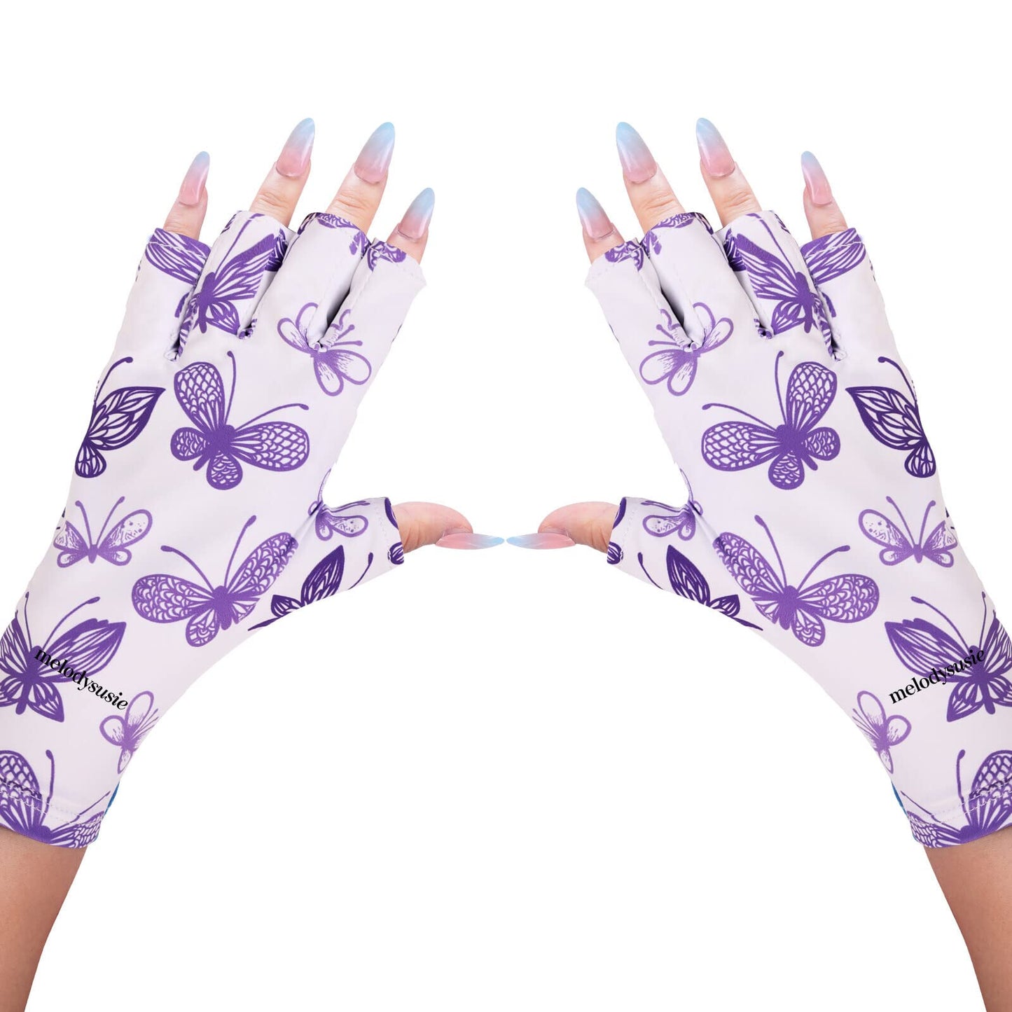 Melodysusie Anti Uv Gloves For Gel Nail Lamp, Professional Protection Gloves For Manicures, Purple Butterfly Uv Shield Gloves, N