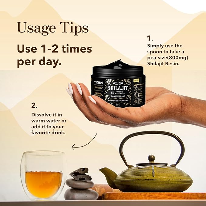 Shilajit Pure Himalayan Organic, Shilajit Resin with 85+ Trace Minerals and Fulvic Acid for Enhanced Energy and Immune, Support Men & Women, Gold Grade, 800MG/time, 60+ Serving 50g Jar