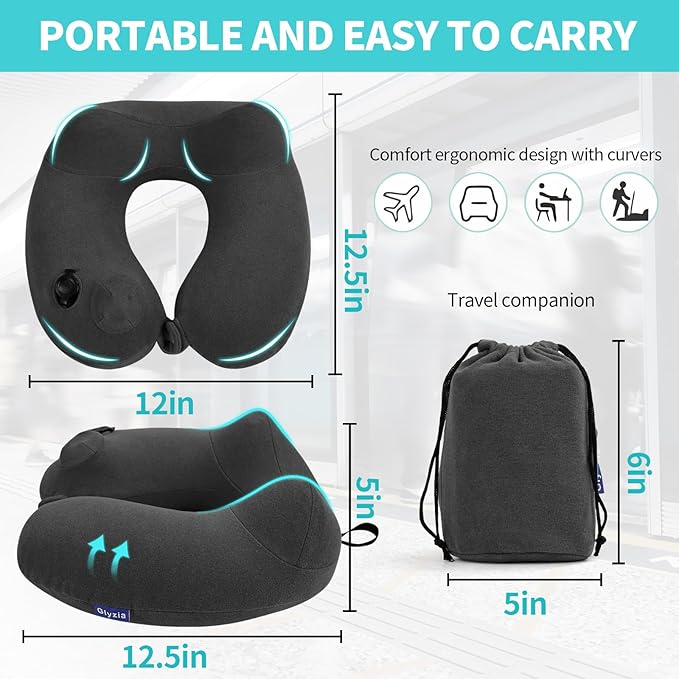 Inflatable Travel Neck Pillow for Airplane, Head Support Velvet Adult Neck Pillow for Long Flight, Kit with Eye Mask, Earplugs and Storage Bag,1, Dark Gray