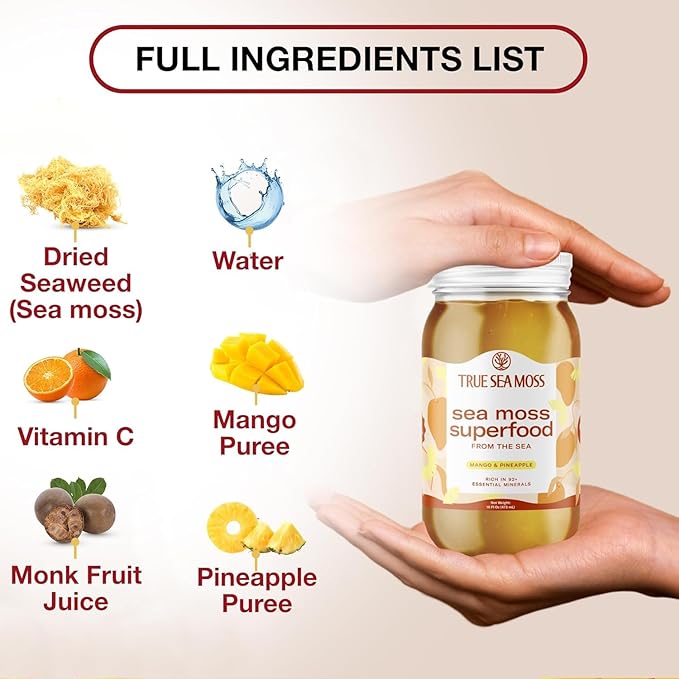 TrueSeaMoss Wildcrafted Irish Sea Moss Gel - Made with Dried Seaweed & Fresh Sea Vegetables, Seamoss, Antioxidant Supports Digestion - Made in USA (Mango/Pineapple, Pack of 3)