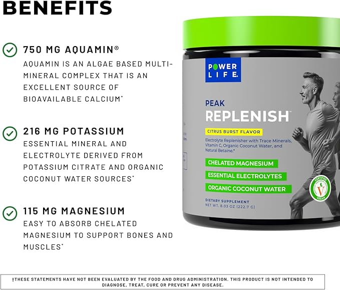 POWERLIFE Peak Replenish - High Absorption Magnesium Electrolyte Powder with Organic Coconut Water, and Trace Minerals, 30 Servings