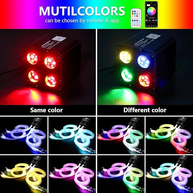AMKI Updated 4Color Twinkle 36w Starlight Headliner Kits 800pcs 0.03in 13.1ft Fiber Optic Light Cable 4 Ports Starlight Box App/Remote Control Sound Mode for Car Home Ceiling Decoration