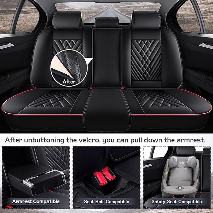 Truck Seat Covers for GMC Sierra 1500 2007-2026, Waterproof Premium Leather Full Coverage Car Seat Cover, Muscle Sport Style Auto Interior Seat Cover Sets (Full Set/Black Red)