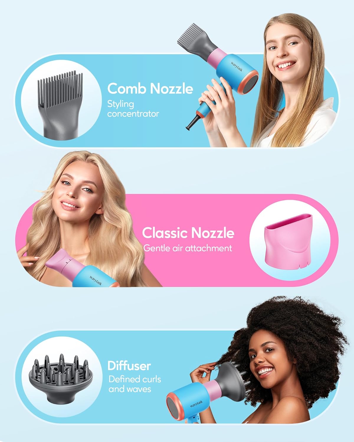 Wavytalk 1875W Ionic Hair Dryer | Diffuser & Comb for Curly Hair | Black