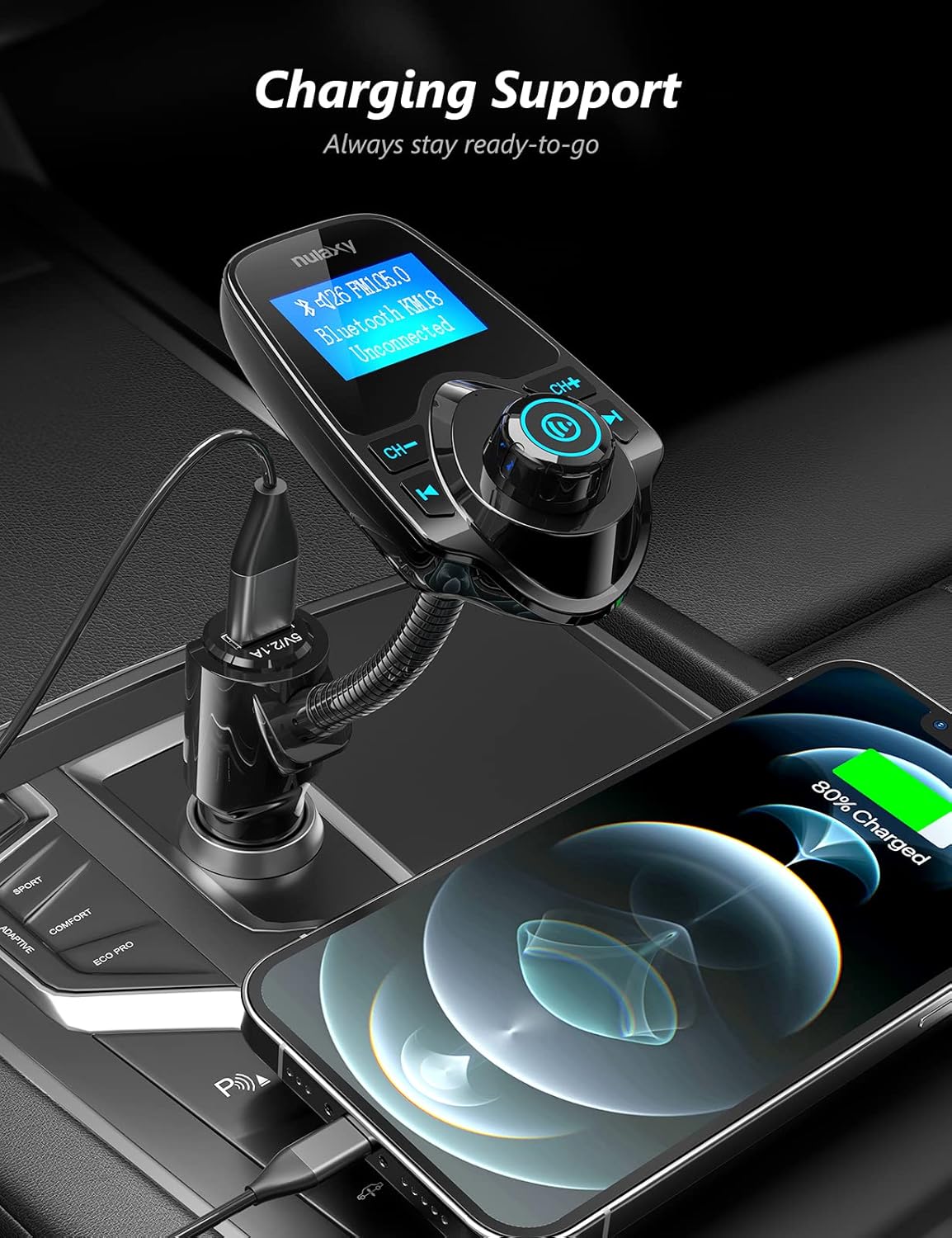 Nulaxy Car Bluetooth FM Transmitter [2024 Upgraded], 1.44" Display Flexible Gooseneck, Handsfree Call Wireless Music Stereo Audio Player Radio Adapter Car Kit USB Phone Charger, TF SD Card AUX-KM18