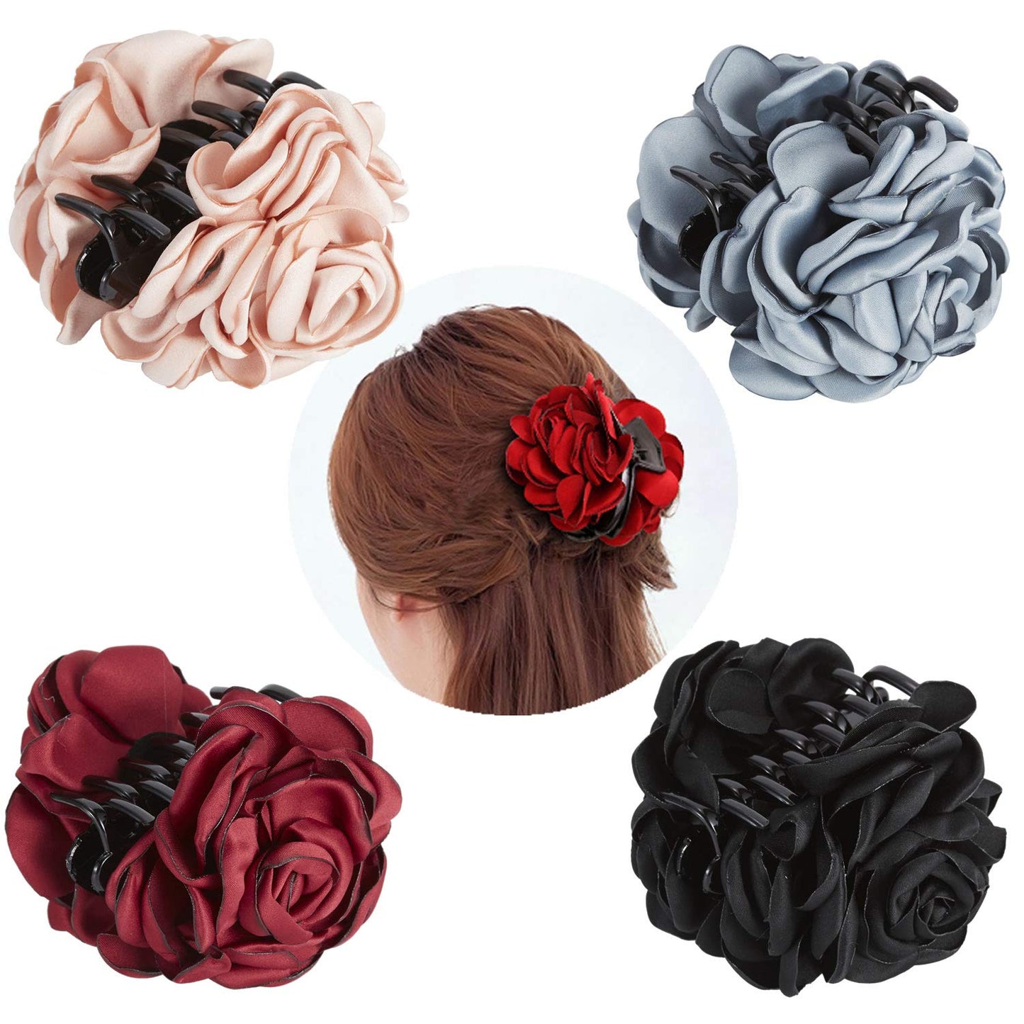 Lawie 4 Pack Large Black Burgundy Red Butterfly Octopus Ribbon Silk Chiffon Rose Flower Plastic Hair Claw Clips Fabric Floral Bo