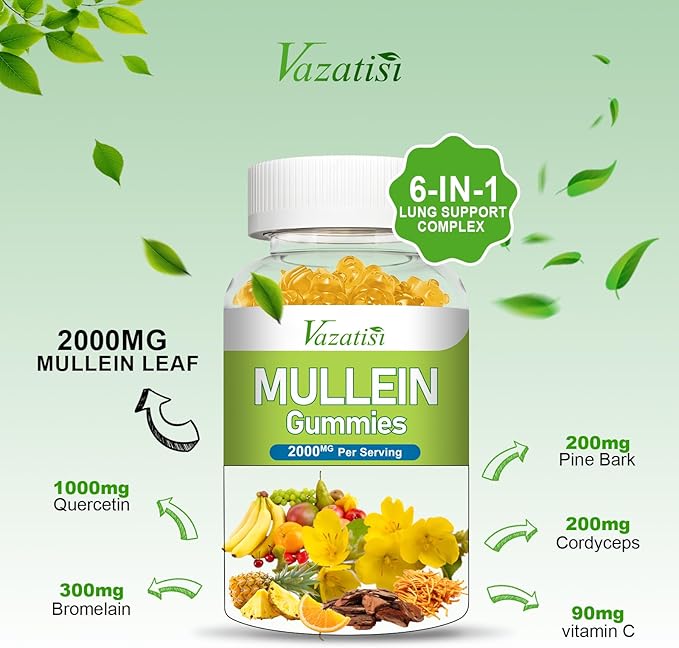 Mullein Gummies, Mullein Leaf Extract with Bromelain, Quercetin, Pine Bark Support Lung Cleanse for Healthy Breathing, 120ct