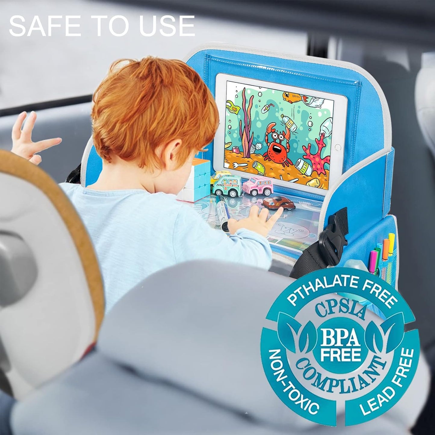 MENZOKE Kids Travel Tray, Car Seat Tray for Kids Travel, Toddler Essentials Girls with Tablet Holder, Road Trip Essentials with Cooler Cup Holder, Dry Erase Board & Storage Pocket for Airplane, Blue