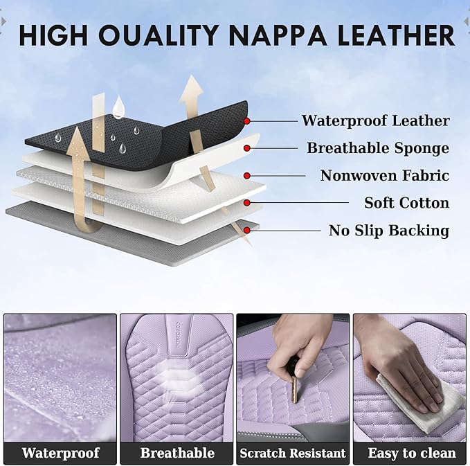 Coverado Car Seat Covers, Front Seat Cover, Waterproof Nappa Leather Seat Covers for Cars, Driver Car Seat Protectors, Gray and Purple Automotive Seat Covers Universal Fit for Most Cars
