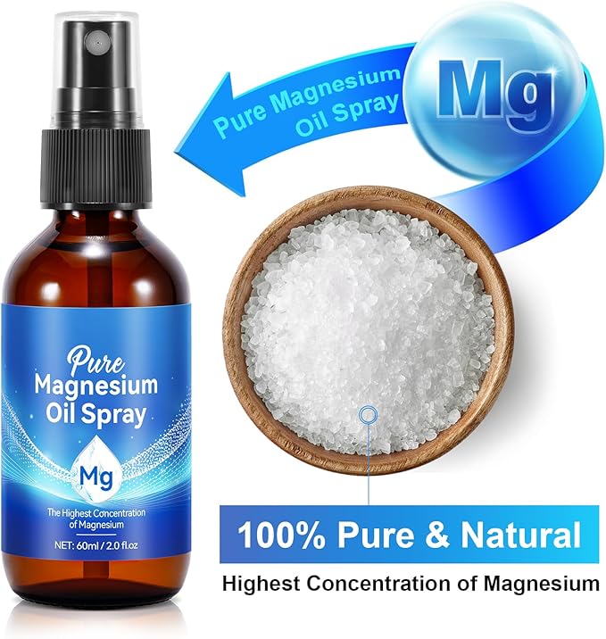 Pure Magnesium Oil Spray, 100% Pure & Natural Magnesium Oil, Organic Topical Magnesium Spray Glass Bottle,Magnesium Oil for Feet,Magnesium Spray Oil, 2 fl oz