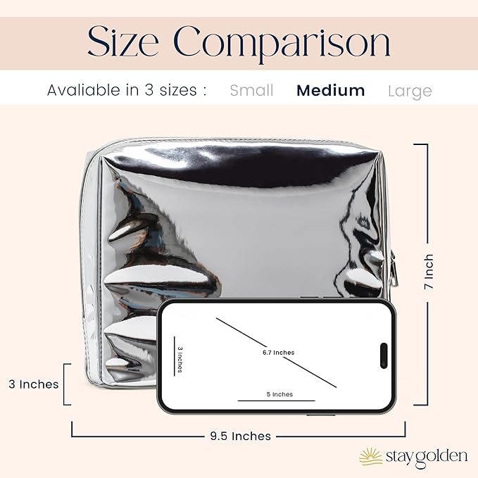 Stay Golden Insulated Waterproof Makeup Bag for Women Heat-Resistant Travel Cosmetic & Toiletry Bag | Luxurious Vegan Leather Portable Makeup Organizer (Metallic Silver - Silver Zipper, Medium)