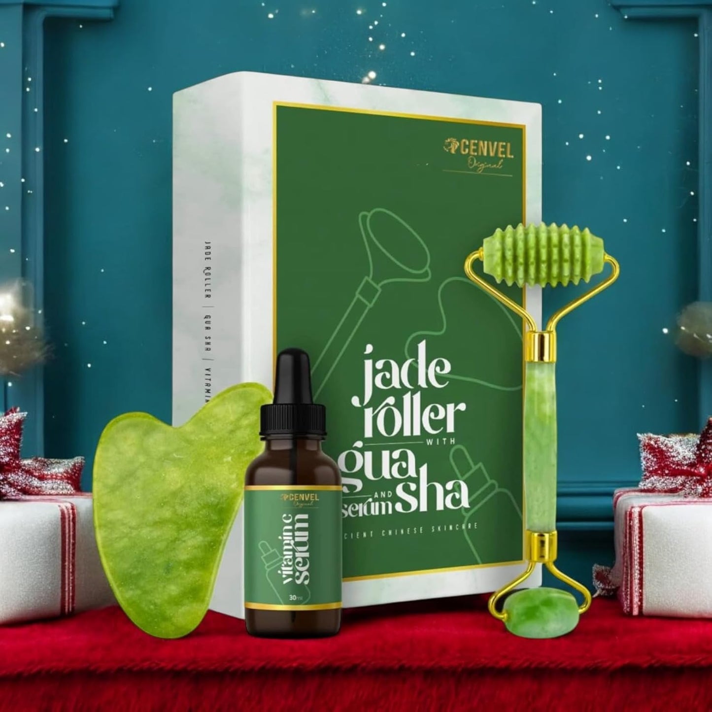 100% Real Crystal Jade Stone Roller and Gua Sha Set with Vitamin C Serum | Great for Eye Puffiness Treatment, Skin Tightening, Anti Aging, Rejuvenate Face & Neck | Great Gift for Women & Men (Green)