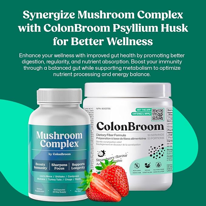 ColonBroom Psyllium Husk Powder (Strawberry, 50 Servings) + Mushroom Complex, Powerful Mushroom Blend with Cordyceps, Reishi, Shiitake, Lion’s Mane Extract for Energy, Immunity (60 Capsules)