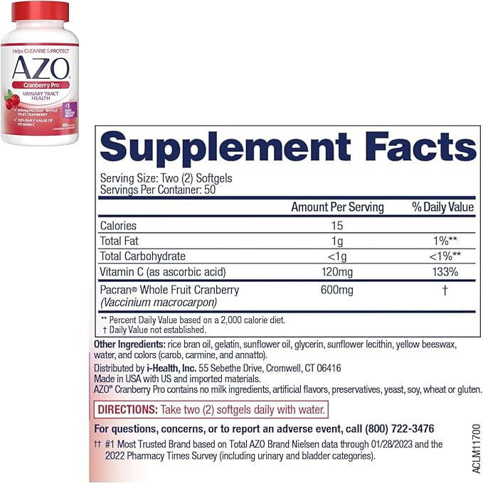 AZO Cranberry Pro Urinary Tract Health Supplement 600mg PACRAN, 1 Serving = More Than 1 Glass of Cranberry Juice 100 CT + Urinary Tract Infection (UTI) Test Strips, Accurate Results in 2 Minutes, 3 CT