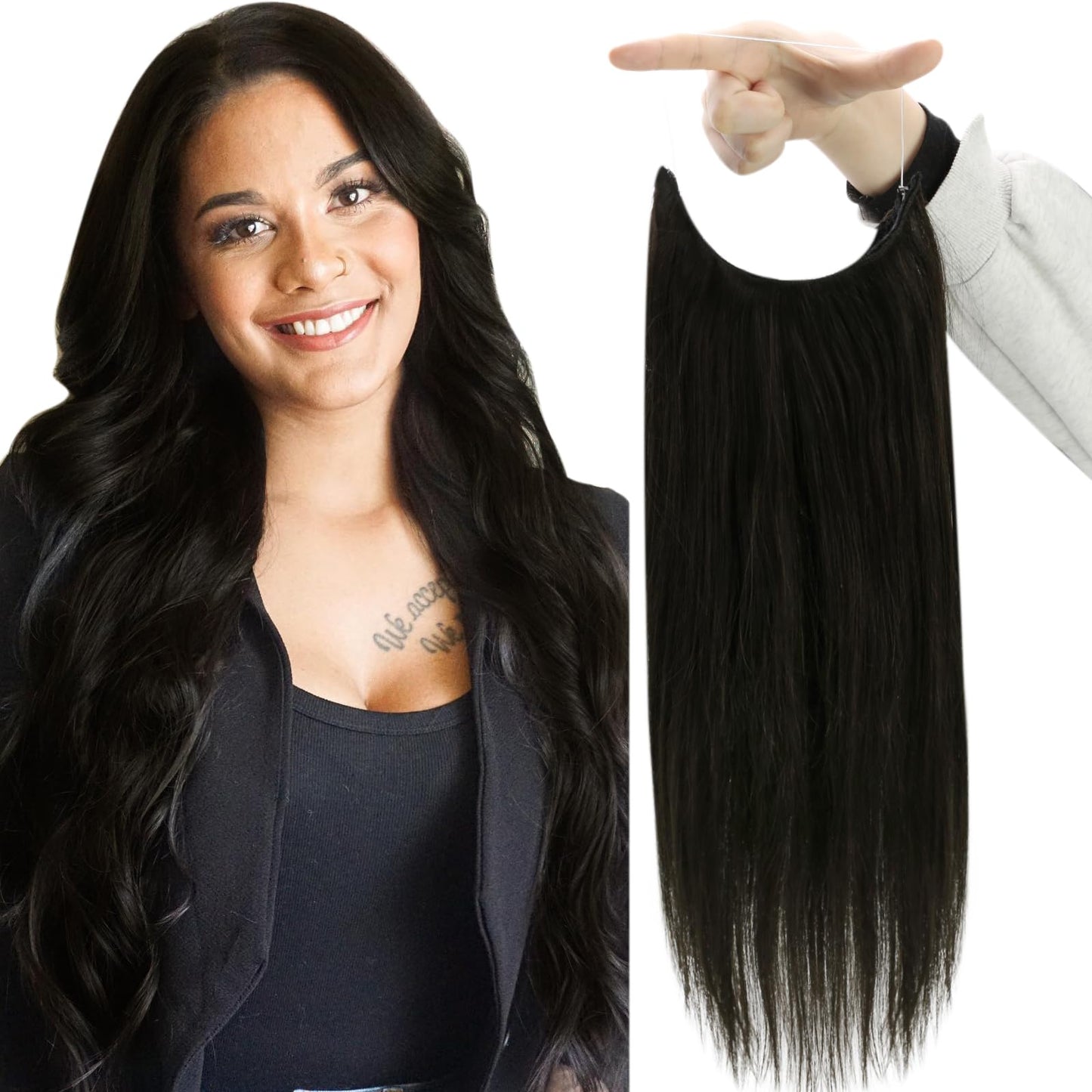 Fshine Black Wire Hair Extensions Real Human Hair Straight Wire Human Hair Invisible Hair Extensions Clip Ins With Transparent F