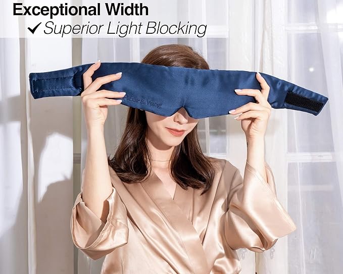 Fleur&Yang Silk Sleep Mask, Adjustable Blackout Sleeping Mask for Men Women, Soft Breathable 100% Mulberry Silk Fabric, Cooling Eye Cover Blindfold (Navy Blue)