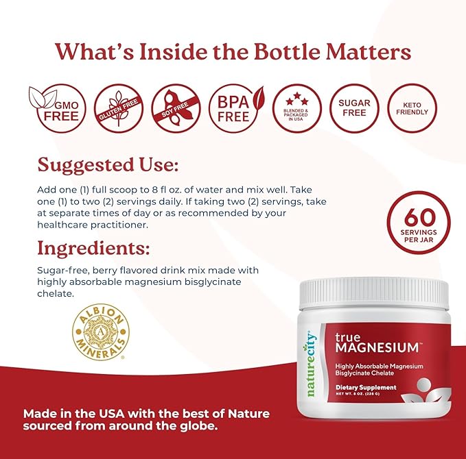 NatureCity TrueMagnesium Highly Absorbable Chelated Magnesium Bisglycinate Powder Drink Mix (60 Servings) - Magnesium Supplement for Sleep and to Support Bone Health & Muscles