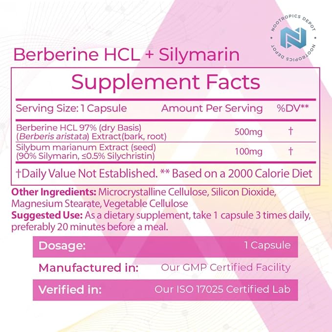 Nootropics Depot Berberine HCL + Silymarin Capsules | 500mg + 90mg | 60 Count | Supports Cellular Function, Metabolic Function
