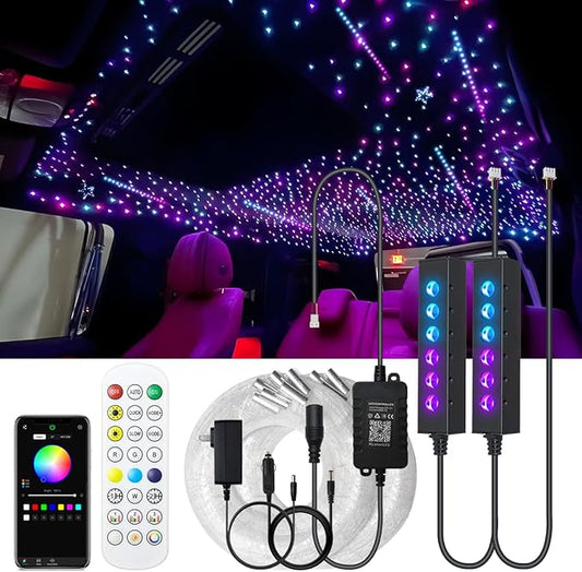 AKEPO Car Home Use MIni Size 6-Hole 3.2W RGB Colorful Fiber Optic Light Kit, 9.8ft 600pcs*0.75mm/0.03in Optical Fiber APP Control Mixed Color Chasing Timer Function Starlight Headliner Light