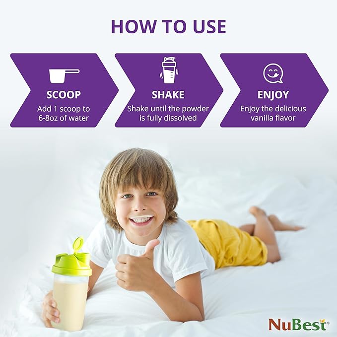 NuBest Tall Protein Powder for Kids & Teens - Vegan Vanilla Protein Powder Shake with Organic Red Algae Calcium, Probiotics, Omega 3-6-9, Vitamin D3 + K2 & Magnesium from Marine Algae - Pack 4