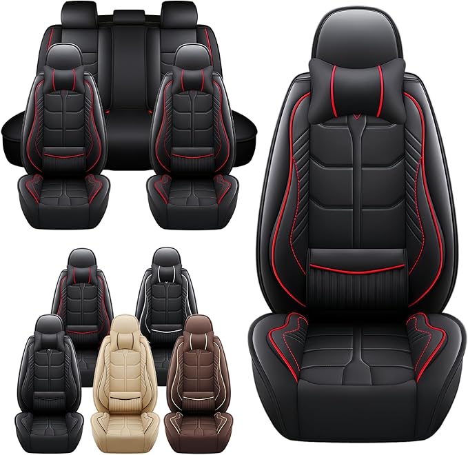 Leather Car Seat Covers Fit for Toyota 4Runner 1991-2024, 5 Seater Car Seat Cover, Premium Waterproof, Scratch Resistant Car Interior Accessories (Full Set with Pillow Black Red)