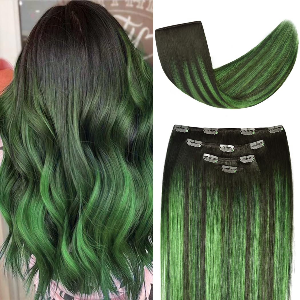 16'' Clip In Hair Extensions Remy Human Hair Teal Balayage For Women - Silky Straight 100% Real Human Hair 55Grams 4Pieces #(1B/