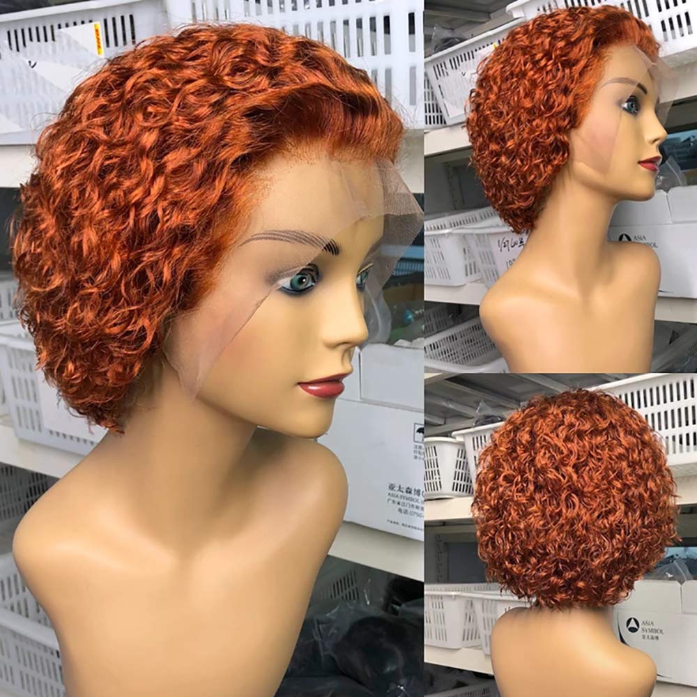 Derun Curly Bob Lace Front Wig Human Hair 13  6 T Part Lace Front Short Bob Wigs Ginger Orange Remy Hair For Women (10 Inch,Oran
