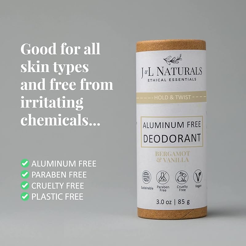 J&L Naturals Aluminum Free Deodorant for Men & Women | 100% Natural Ingredients With Coconut Oil, Shea Butter, & Essential Oils | Sustainable, Eco-Friendly (Bergamot & Vanilla, 3.0 Oz (Pack of 4))
