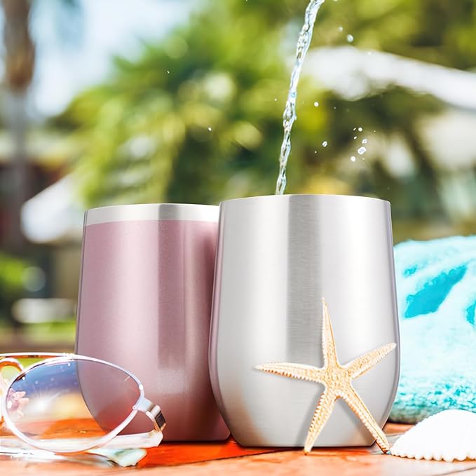 COMOOO 12oz Insulated Wine tumbler with Lid, Stainless Steel Stemless Wine Tumbler Glass,Double Wall Vacuum Wine Tumbler Cups with Straw for Coffee, Cocktails,Beer,Champaign Silver, 4 Pack