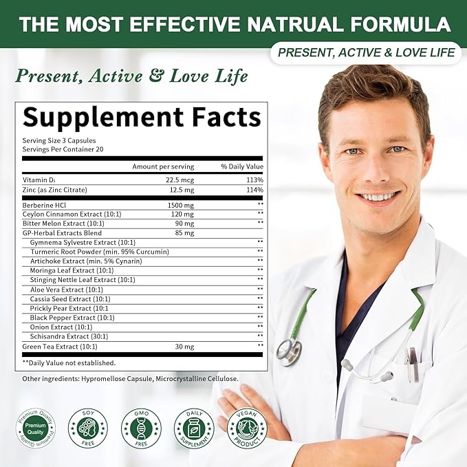 Berberine Supplement with Ceylon Cinnamon - Berberine 1500mg Activates AMPK & GLP-1 Berberine HCL Capsules with Bitter Melon/Artichoke Extracts & Natural Herbs for Immune Support 60 Count