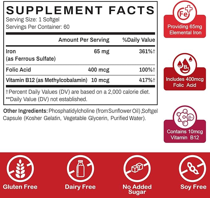 Liposomal Fe Iron Supplement for Women,65 mg Iron Supplements with Folic Acid & Vitamin B12 for Men,Red Blood Cell Production,Energy Support for Adults Iron Deficiency 60 Softgels(2 Bottle)