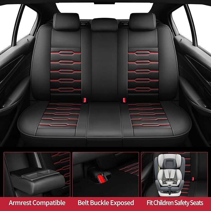 Fit Ridgeline Car Seat Covers for Honda Ridgeline 2007-2025 2026 - Upgraded Premium Waterproof & Breathable Leather, Airbag Compatible, All-Weather Seat Cushion Protector (Full Set, Black+Red)