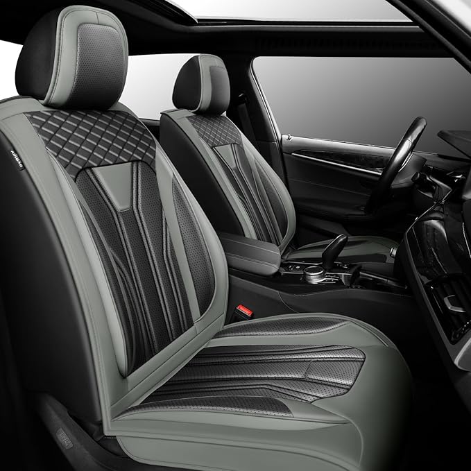 Fit Juke Car Seat Covers Compatible with Nissan Juke 2012-2015 2016 - Premium Leather， Waterproof Breathable， All-Weather Seat Cushion Protecto&Airbag Compatible (2 Front Seat Gray&Black)