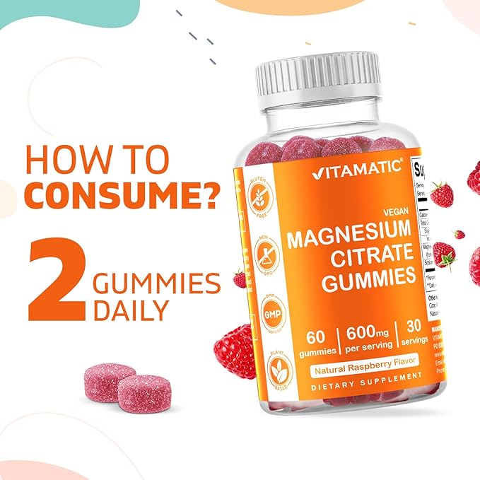 Vitamatic Magnesium Citrate Gummies 600mg per Serving - 60 Count - Promotes Healthy Relaxation, Muscle, Bone, & Energy Support (Pack of 2)