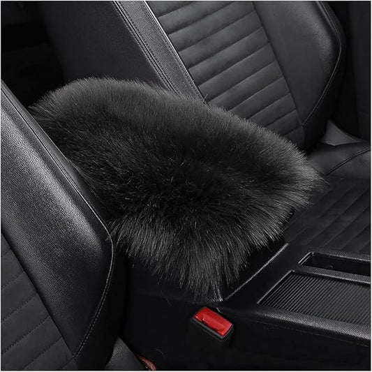 Furry Auto Center Console Cover Pad, 11.8"x7.8" Soft Sheepskin Wool Armrest Cushion, Fluffy Vehicle Armrest Seat Box Protector Warm in Winter, Car Interior Accessories for Women and Men (Black)