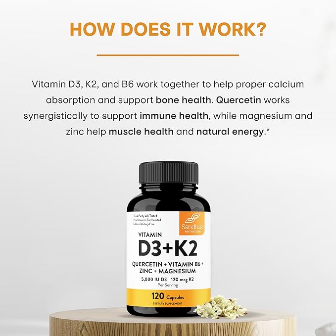 Vitamin D3 K2 5000 IU 120 Capsules (Pack of 3)| with Zinc, Magnesium & Quercetin | 5000IU of D3, 120mcg K2 | Superior Absorption, Supports Natural Energy, Immune, Bone & Muscle Health for Men & Women