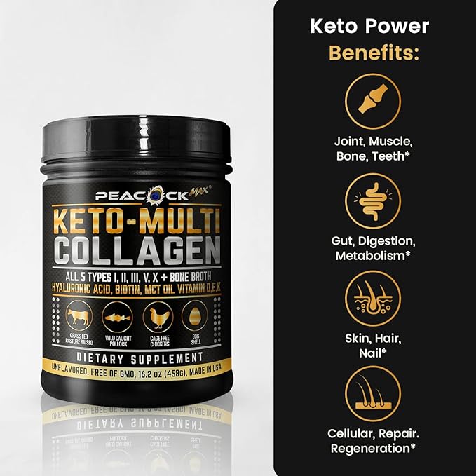 Multi Collagen Protein Powder 16.2 oz (4 Pack) | 5 Types with Bone Broth, Hydrolyzed Peptides, Biotin & MCT Oil, Unflavored, Supports Skin, Hair, Nails, Joints & Gut Health, Keto Friendly