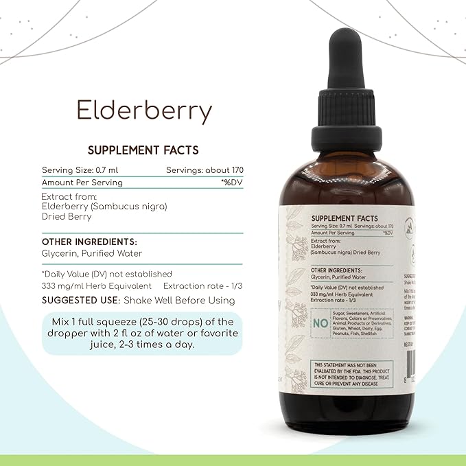 Elderberry B120 Alcohol-Free Herbal Extract Tincture, Concentrated Liquid Drops Natural Elderberry (Sambucus Nigra) Dried Berry 4 fl oz