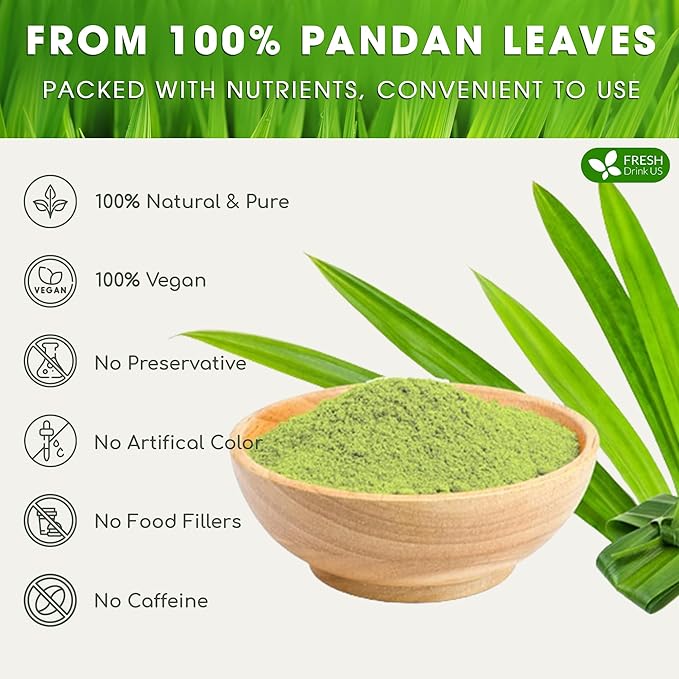 FRESHDRINKUS, Premium 4.5oz Pandan Leaf Powder, 100% Natural and Pure from Pandan Dried Leaves, Emerald Pandan Leaf Powder, Green Food Coloring Powder, No Additives, No Gluten, Vegan.