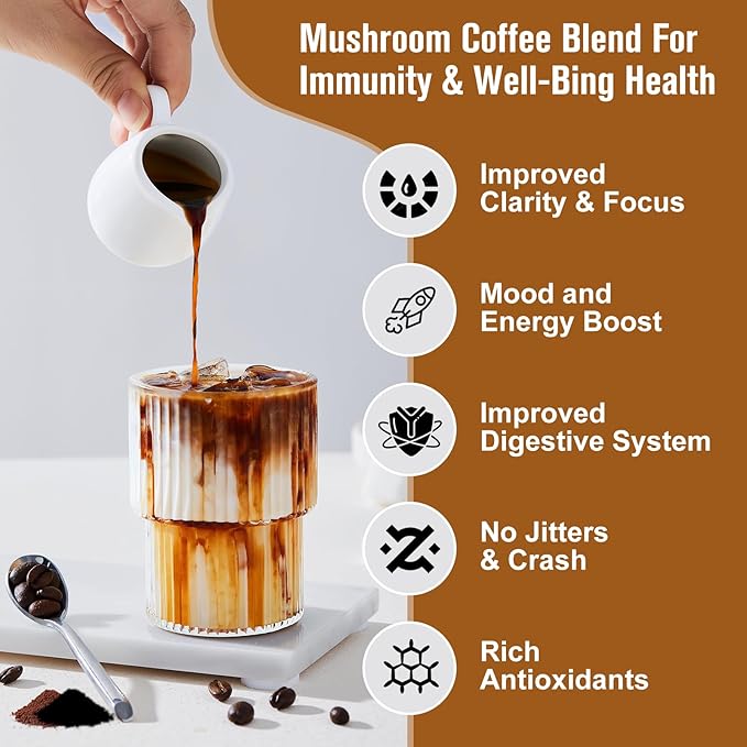 Mushroom Coffee - Lions Mane Mushroom Powder Instant Coffee with Lion's Mane, Reishi, Chaga, Cordyceps, Turkey Tail - 250g Mushroom Coffee Alternative for Energy, Mental Clarity & Focus, Brain Booster