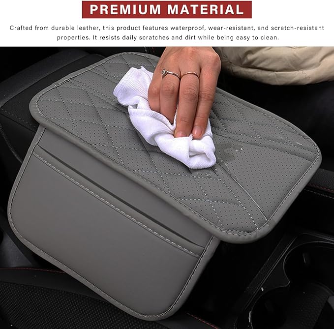 Car Center Console Cover, Leather Auto Armrest Cushion Pad with Two Storage Pockets, Waterproof Arm Rest Box Mat Protective Cover for Sedan SUV Truck, Car Accessories (Red)