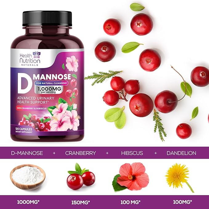 D-Mannose with Cranberry, Hibiscus & Dandelion 1350mg Advanced Formula – Urinary Tract Support Supplement for Women & Men – Flush & Cleanse Impurities – Non-GMO, Vegan for Women & Men – 120 Capsules