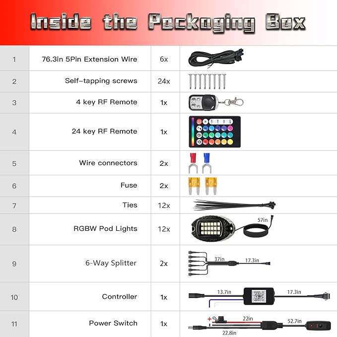 12 Pods Alloy RGBW LED Rock Lights for ATV UTV Golf Cart RZR RV Boat Semi Truck Offroad SUV Cars, Waterproof Multicolor Neon Underglow Chassis Lighting with APP/RF Remote Music Mode, Underbody Light