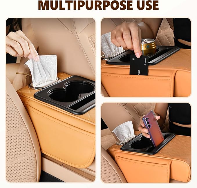 Multifunctional Car Armrest Cushion with Integrated Booster, 2026 Upgraded Universal Style Memory Cotton Car Armrest Box Pad, Car Center Console Armrest Pillow, with 2 Cup Holder (Beige)