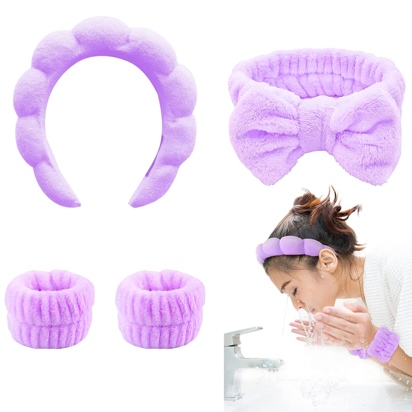 Tluxx 4-Piece Spa Headband & Wristband Set, Reusable Makeup & Skincare Accessories For Face Washing, Preventing Liquid Overflow