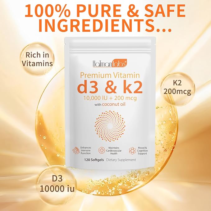 Vitamin D3 K2 Supplement Softgel, Vitamin D3 K2 Softgel with 10000 IU Supports Immune, Heart, Teeth & Bone Health, Free of GMO, Gluten, Soy