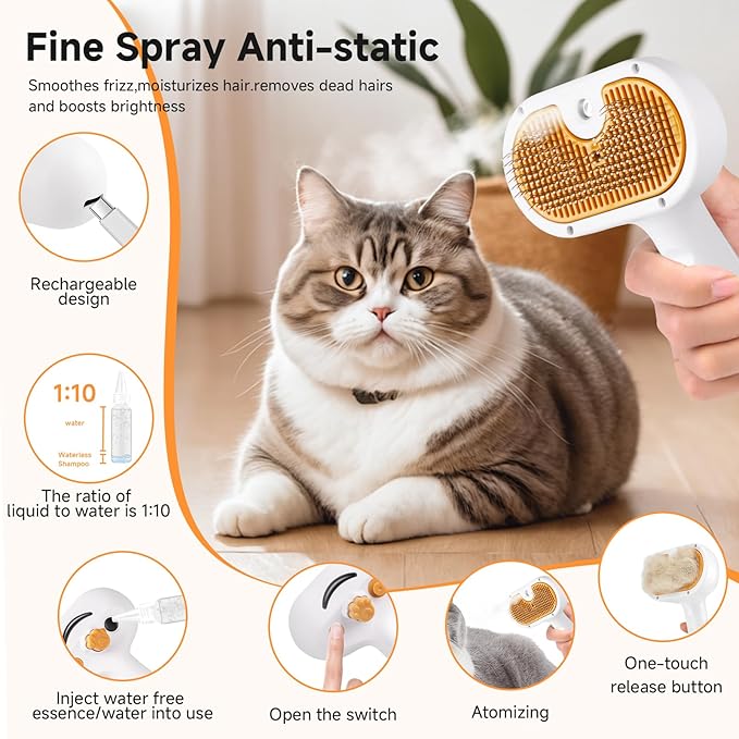Pet Steam Brush for Dog & Cat - 3-in-1 Steam Grooming Brush for Shedding & Hair Removal - Self Cleaning Spray Comb with Mist for Long Haired Pets, Yellow