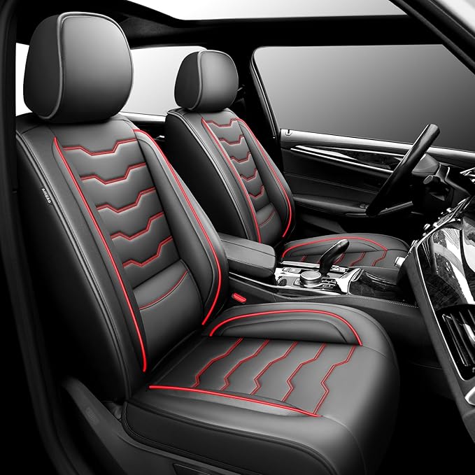 Fit Sonata Car Seat Covers Premium Leather for Hyundai Sonata 2007-2025 2026. Waterproof， Breathable, Scratch-Resistant & All-Weather Seat Cushion Protector（Front Seat,Red Line Black
